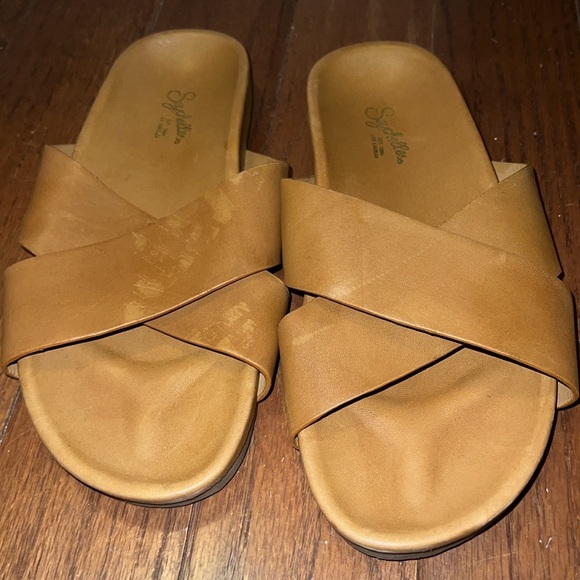 Seychelles Tan Leather Lighthearted Slide Sandals with Criss-Cross Straps - Picture 4 of 7